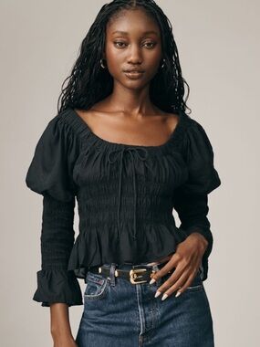 Anthropologie Black Smocked Peplum Long-Sleeve Blouse